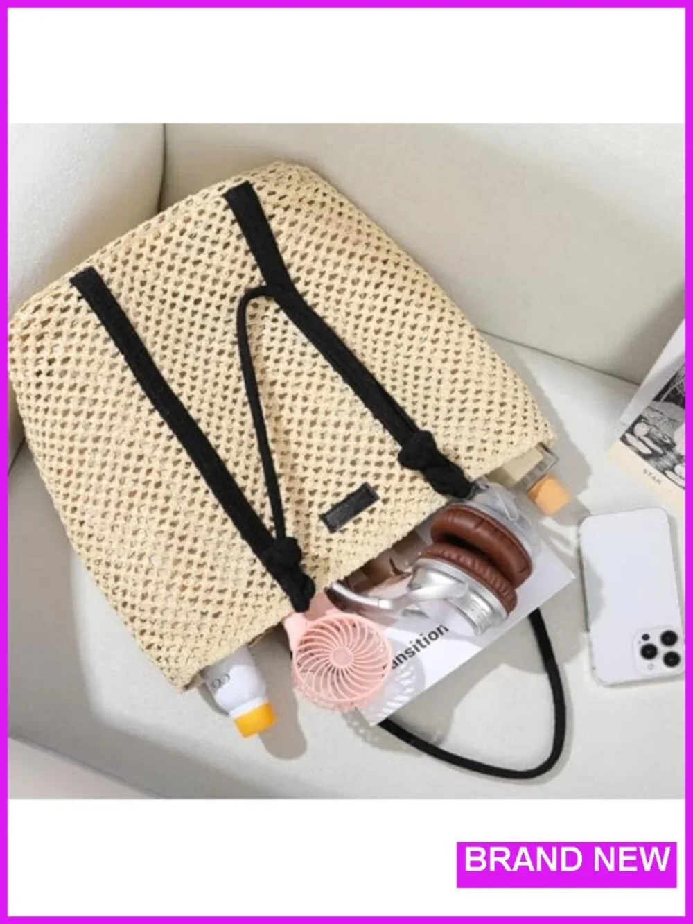 Large Woven Straw Beach Tote Shoulder Bag with Zipper Lining